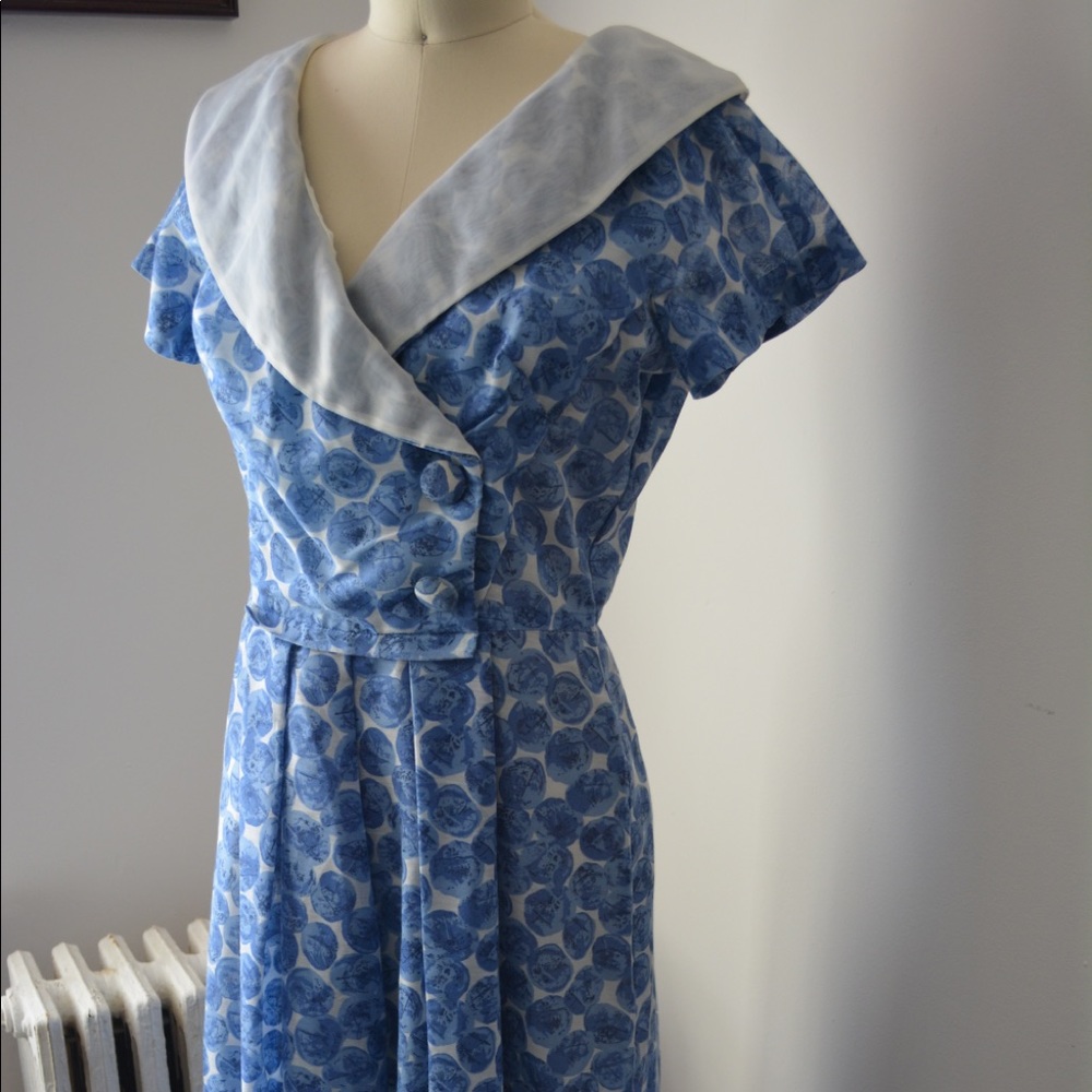 Vintage 1950s Blue & White Printed Dress